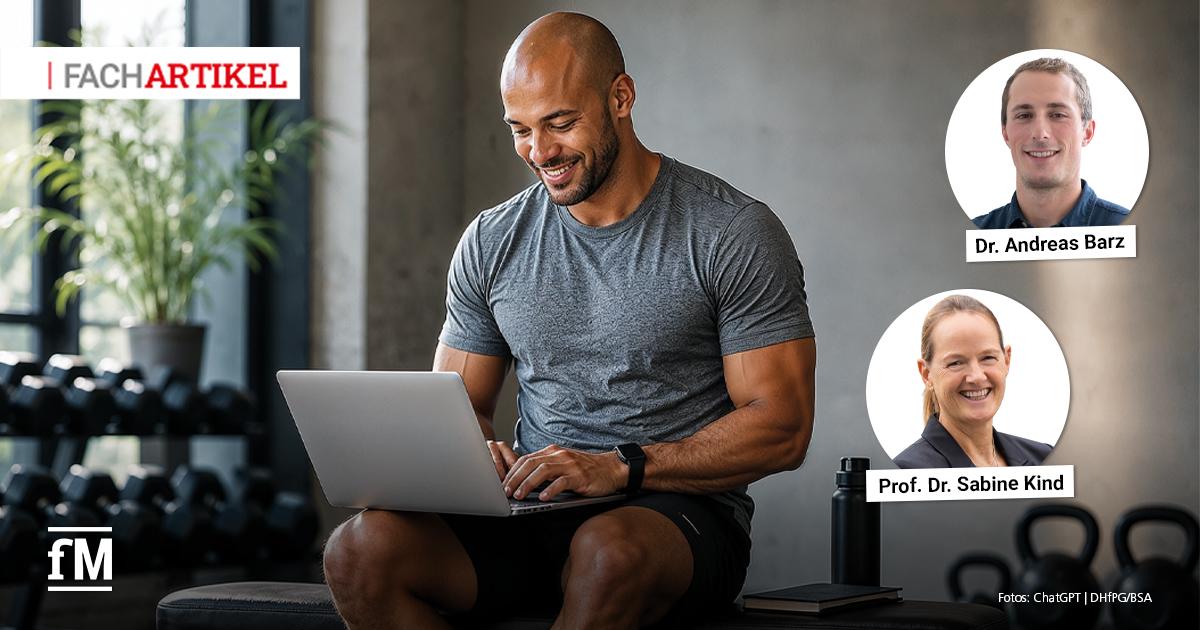 LLMs im Studioalltag Mann arbeitet im Fitnessstudio am Laptop; rechts zwei Porträtfotos, oben der Schriftzug „FACHARTIKEL“.