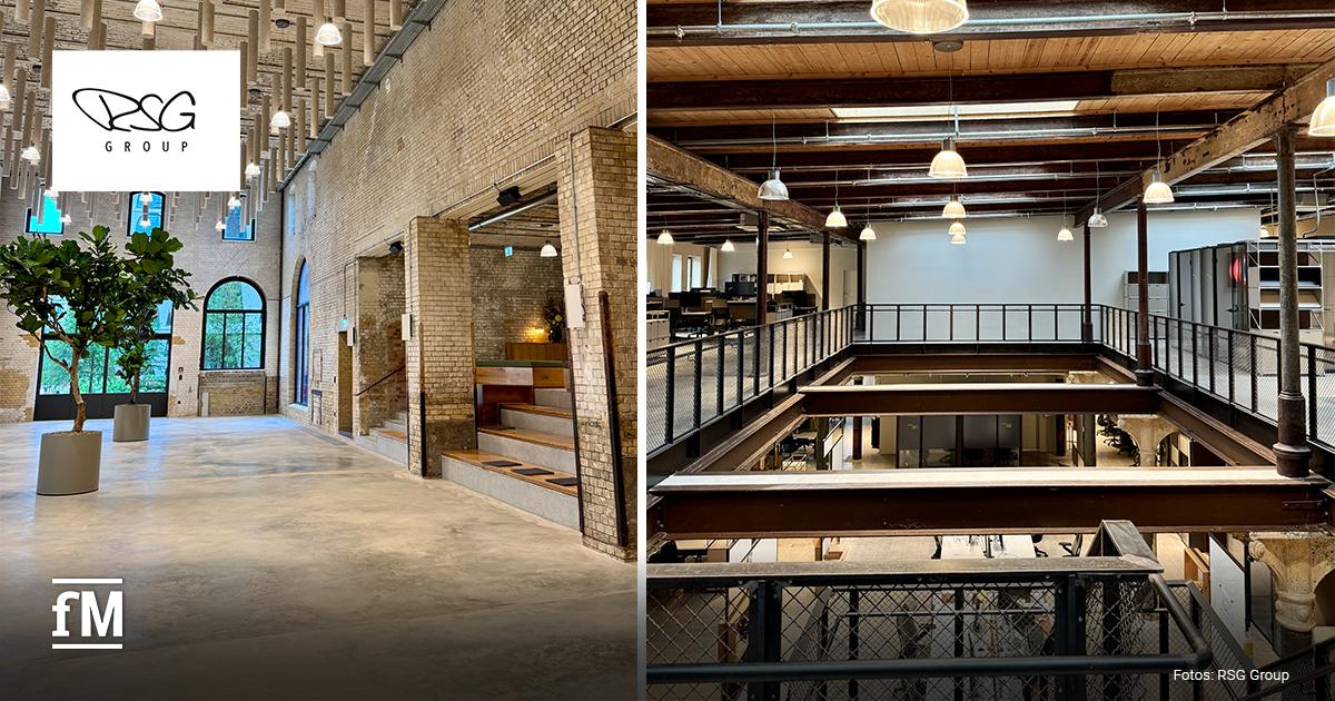 Neues Büro RSG Group Bötzow Areal Berlin Zwei Ansichten des neuen Büros der RSG Group mit Eingangsbereich und Galerieebene im Bötzow Areal