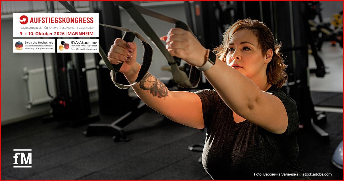 Aufstiegskongress 2026: Veränderung der Fitnessbranche durch GLP-1 Frau trainiert an einem Fitnessgerät; eingeblendet sind Aufstiegskongress 2026 und Mannheim.
