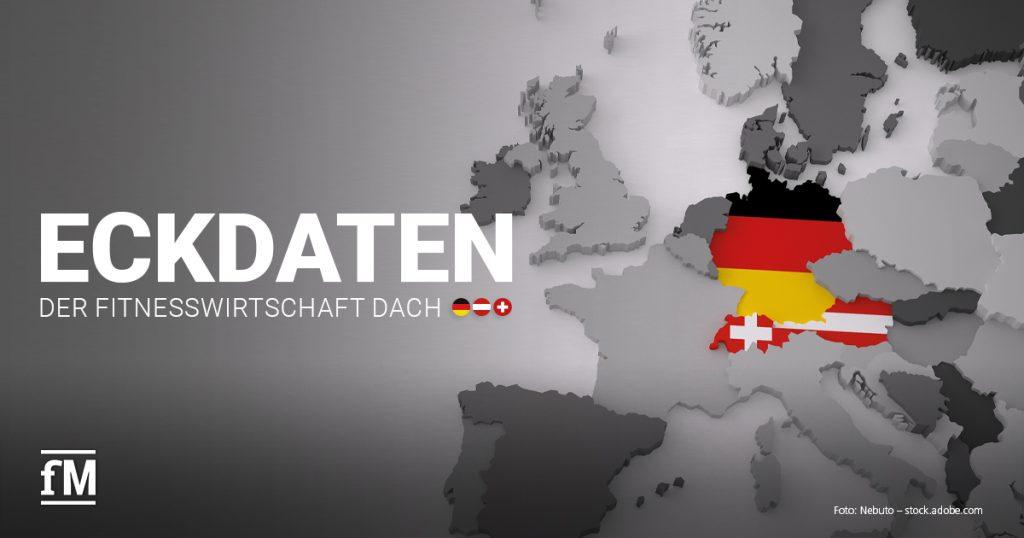 Europakarte mit hervorgehobenen Ländern Deutschland, Österreich und Schweiz und Schriftzug „Eckdaten“