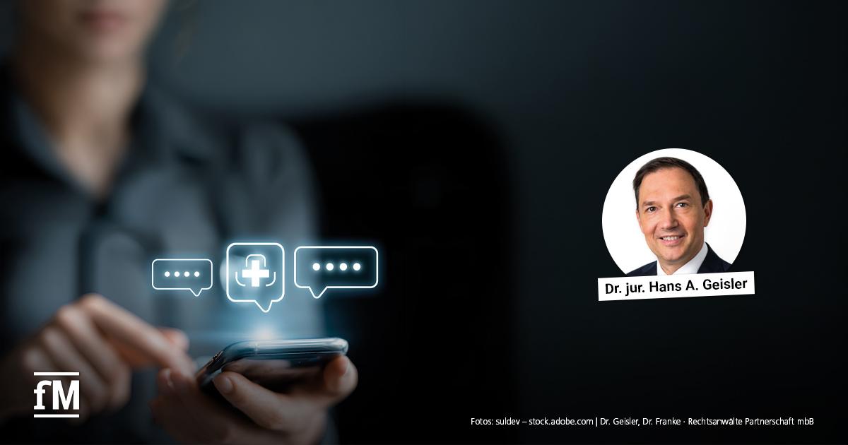 Online-AU Hans Geisler Person mit Smartphone und Symbolen für digitale Kommunikation, daneben Porträt von Dr. jur. Hans A. Geisler