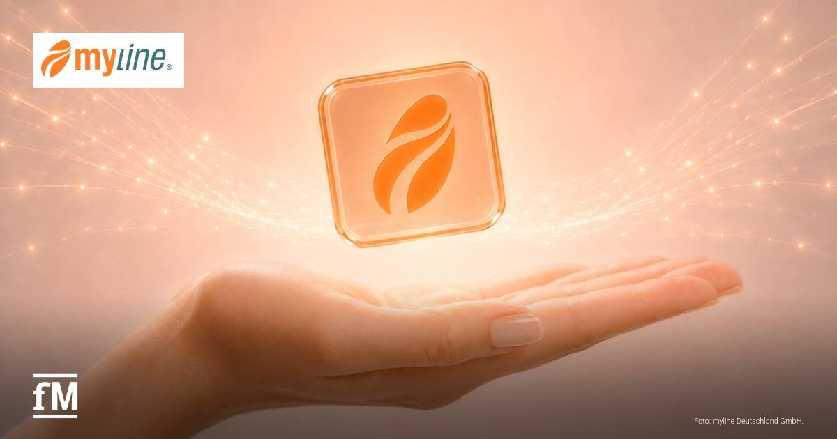 myline Deutschland Livetour 2026 Orangefarbenes myline-Symbol schwebt über einer geöffneten Hand vor hellem Hintergrund