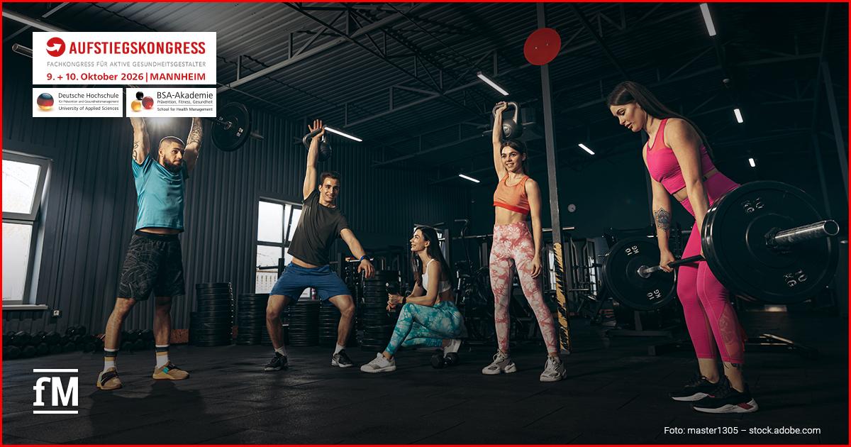 Aufstiegskongress 2026: Fitnessboom durch Gen Z Junge Erwachsene trainieren gemeinsam mit Langhanteln und Kettlebells in einem Fitnessstudio.