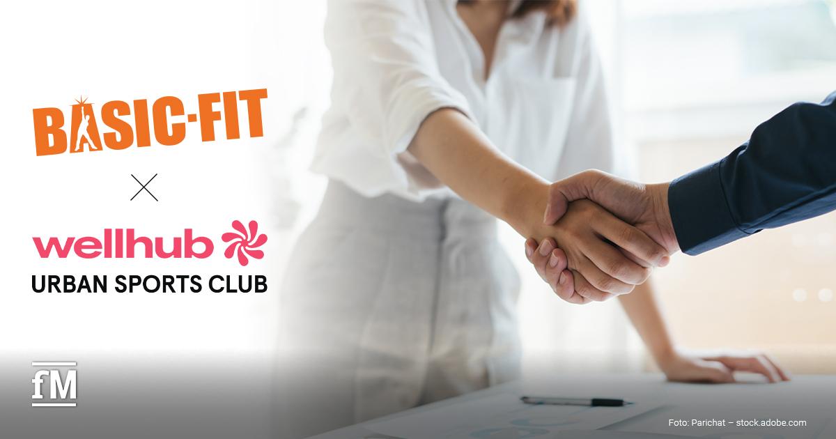 Basic-Fit x Wellhub Logos von Basic-Fit und Wellhub neben einem Handschlag als Symbol für die erweiterte Partnerschaft