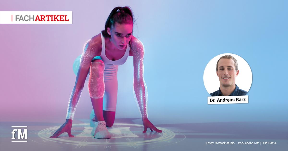 KI in der Trainingsbetreuung – Dr. Andreas Barz Sportlerin in Startposition für einen Sprint vor digitaler Lichtkulisse, rechts ein rundes Porträt von Dr. Andreas Barz.