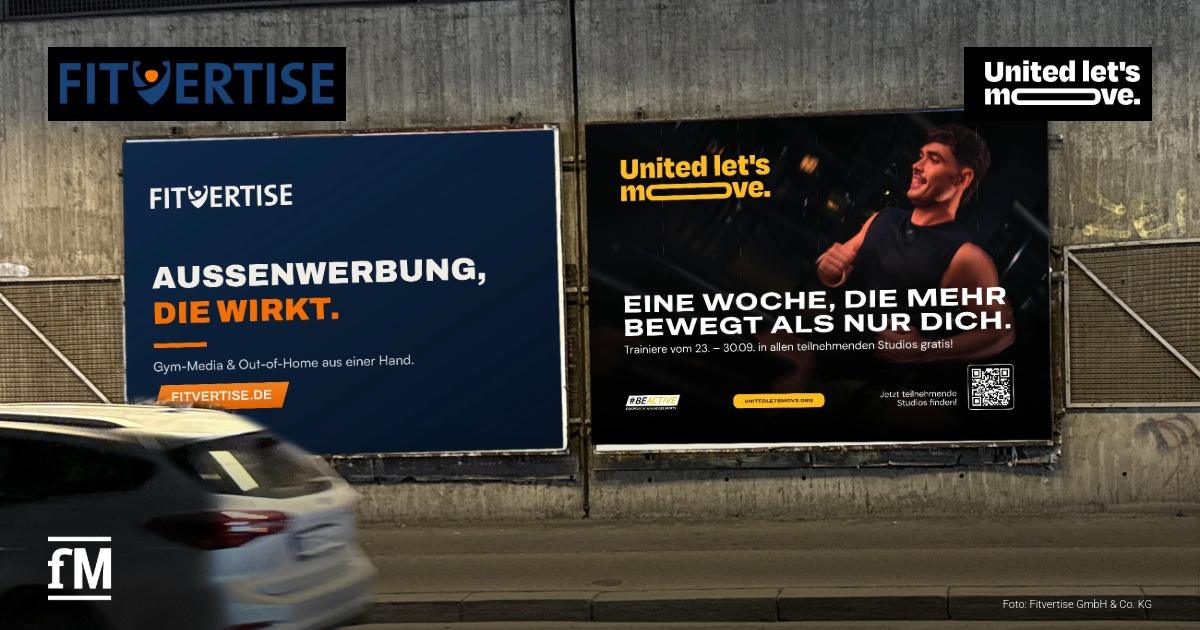Fitvertise unterstützt „United let’s move.“ 2026 Zwei Außenwerbeflächen von Fitvertise und „United let’s move.“ an einer Betonwand