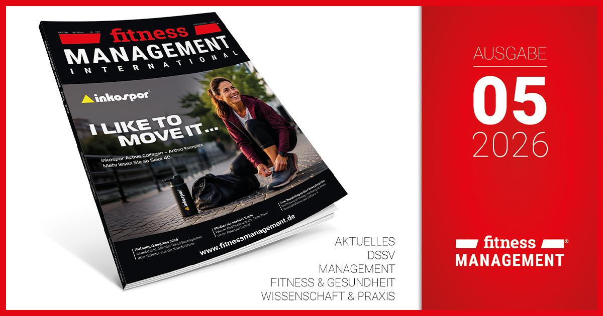 fMi 05/2026 Titelbild der fitness MANAGEMENT international, Ausgabe 05/2026 mit Frau in Laufkleidung; rechts die Ausgabenankündigung mit den Themenrubriken.