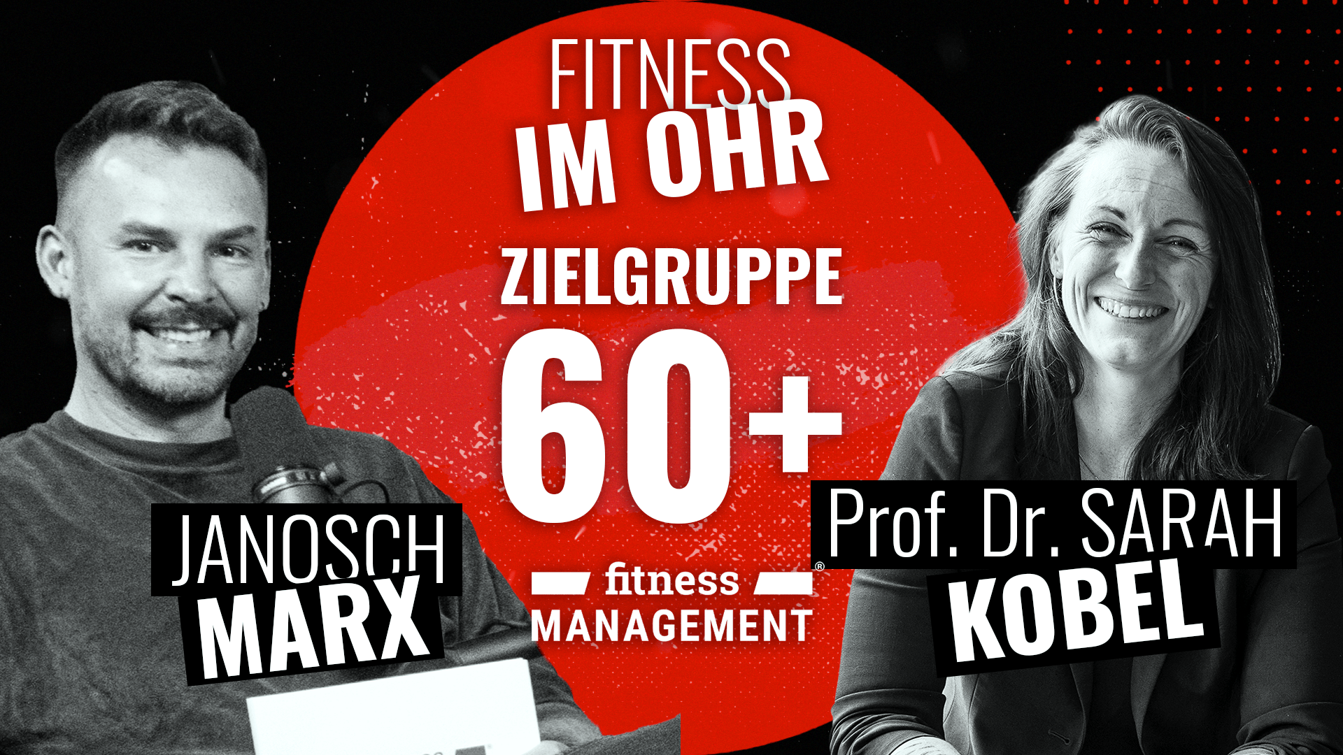 Fitness im Ohr: Generation Ü Janosch Marx und Prof. Dr. Sarah Kobel neben dem Schriftzug „Fitness im Ohr – Zielgruppe 60+“