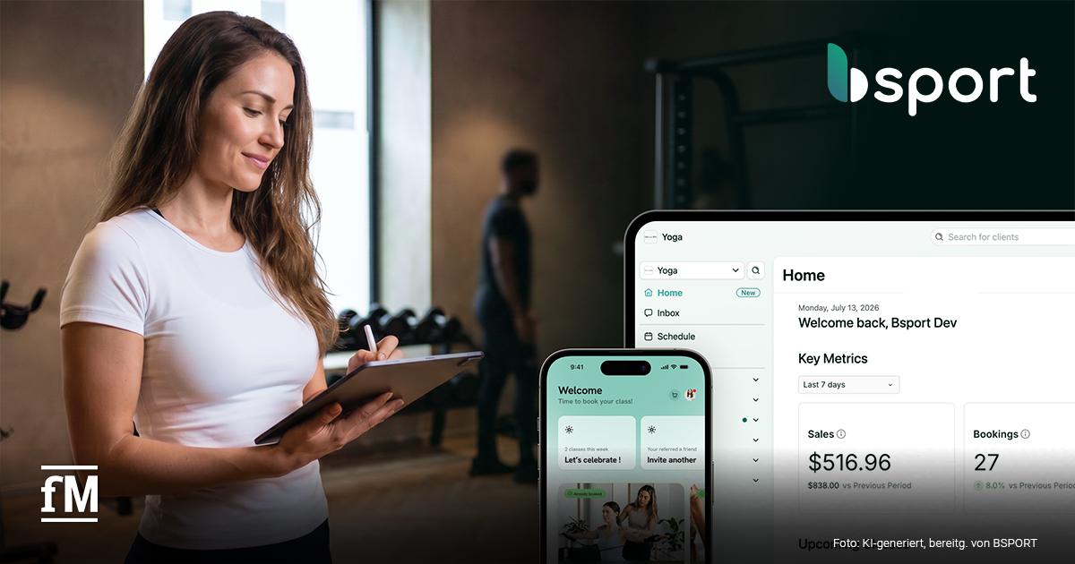 bsport Software Trainerin mit Tablet neben bsport-Logo sowie Smartphone- und Desktopansicht der Software