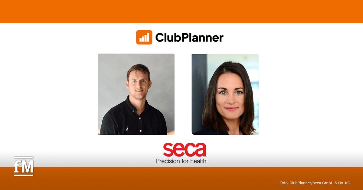 ClubPlanner und seca ClubPlanner- und seca-Logos mit zwei Porträtfotos auf weißem Hintergrund und orangefarbenen Flächen