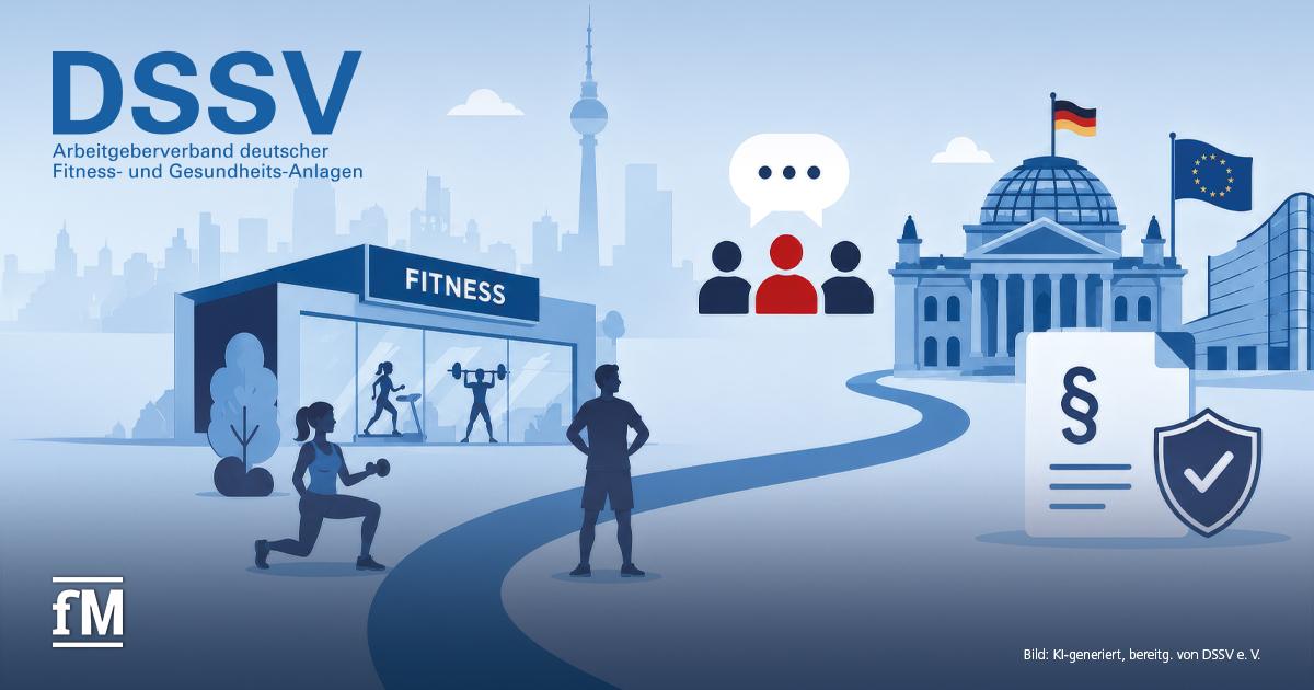 DSSV Verbandsarbeit Politik Illustration mit DSSV-Logo, Fitnessstudio, Trainierenden, Reichstagsgebäude, deutscher Flagge und EU-Flagge