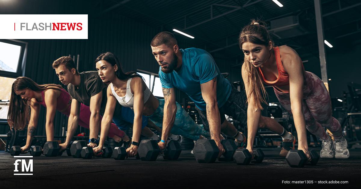 Fitness Flash News #10/2026 KW43 Fünf junge sportliche Personen, drei Frauen und zwei Männer, trainieren im Fitnessstudio in Liegestützposition auf Kurzhanteln. Oben links steht „FLASHNEWS“, unten links das Logo