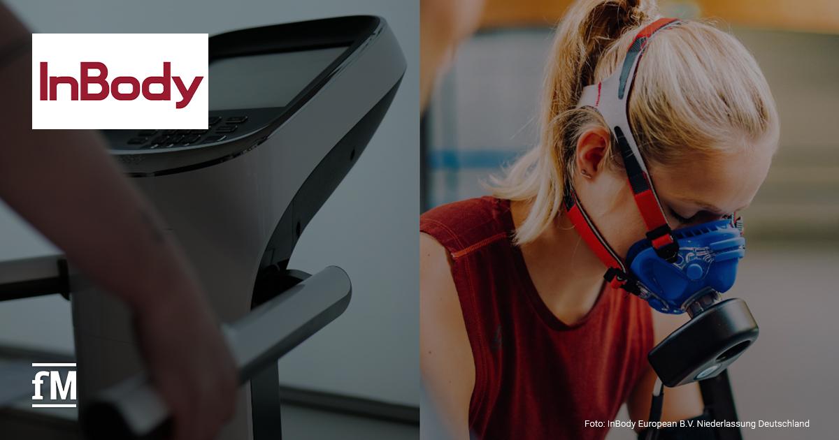InBody und uVida stärken Zusammenarbeit InBody-Analysegerät neben einer Sportlerin mit Atemmaske zur Stoffwechselanalyse, links das InBody-Logo.
