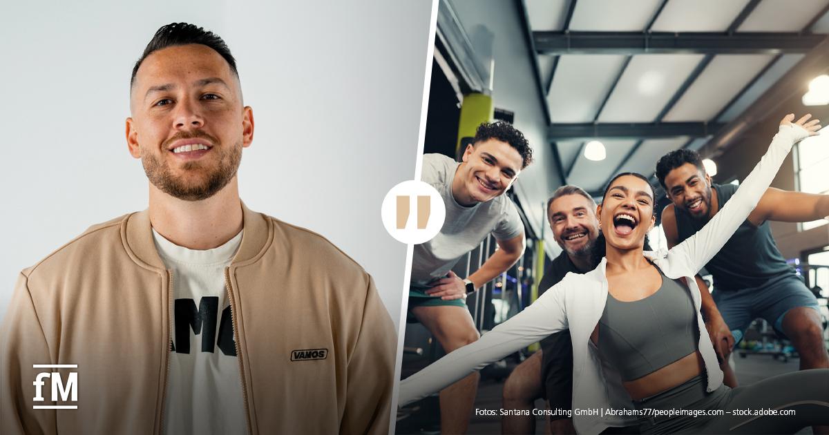 Interview Eckhardt Santana Porträt von Eckhardt Santana links; eine Gruppe von vier lachenden Menschen im Fitnessstudio rechts.