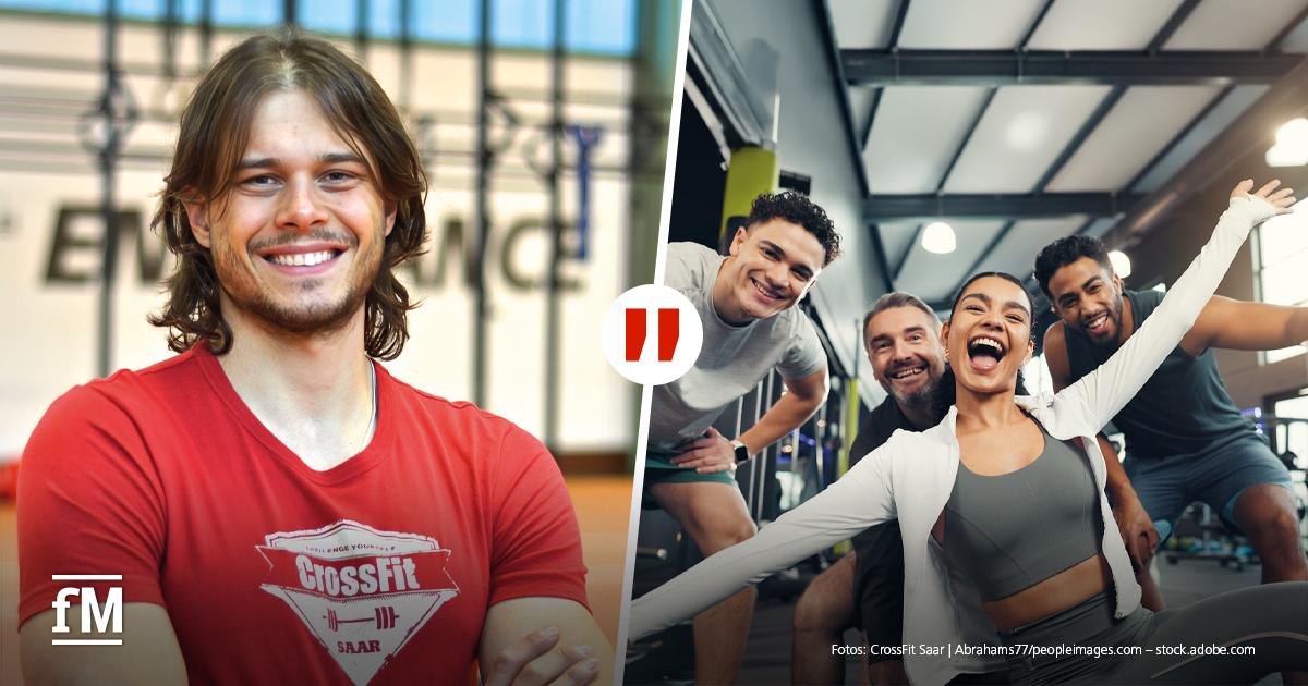 Interview Gerrit Sittler Porträt von Gerrit Sittler von CrossFit Saar links; eine Gruppe beim gemeinsamen Training im Fitnessstudio rechts.