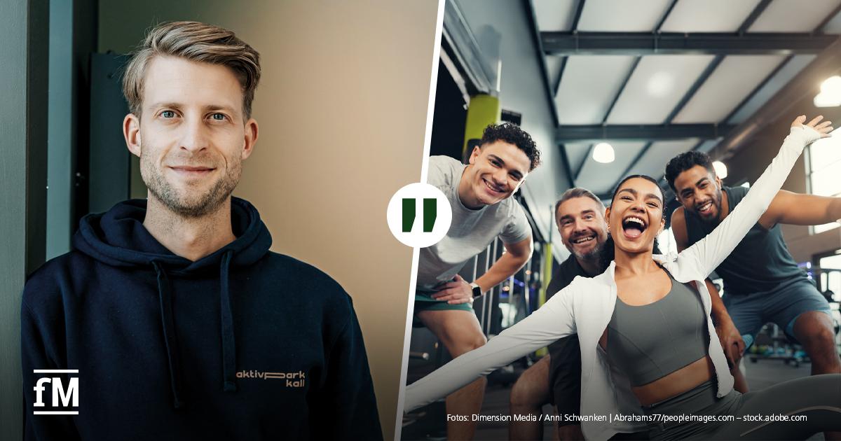 Schwerpunkt Interview Henning Förster Ein Porträt von Henning Förster vom Aktivpark Kall links; eine Gruppe von Trainierenden im Fitnessstudio rechts.