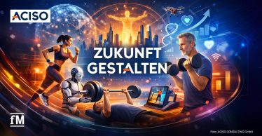 Im Vordergrund trainieren eine laufende Frau, ein humanoider Roboter neben einer Langhantelbank, eine Person beim Bankdrücken und ein Mann mit Kurzhanteln. In der Bildmitte steht der Text „ZUKUNFT GESTALTEN“. Im Hintergrund sind eine futuristische Stadt, eine leuchtende menschliche Figur, eine vernetzte Kugel, eine DNA-Grafik, Diagramme, Herzsymbole, ein Pfeil nach oben und eine Drohne dargestellt.