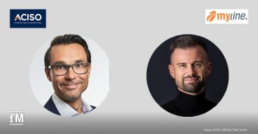 Porträtfotos zweier Männer vor grauem Hintergrund. Links das Logo von ACISO über einem Mann mit Brille und Hemd, rechts das myline-Logo über einem Mann mit dunklem Rollkragenpullover.