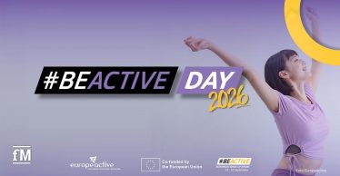 Grafisches Banner mit der Aufschrift „#BEACTIVE DAY 2026“, EU- und EuropeActive-Logos unten, rechts eine Person in Sportkleidung mit ausgestrecktem Arm vor lilafarbenem Hintergrund.