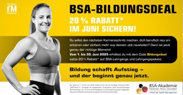 Querformatiger Werbebanner mit gelbem Hintergrund. Links steht eine sportlich gekleidete, lachende Frau. Rechts davon in großer schwarzer Schrift: 'BSA-Bildungsdeal'. In weißer Schrift steht: '20 % Rabatt sichern! Vom 1. bis 30. Juni 2025'. Darunter der Text: 'Bildung schafft Aufstieg – und der beginnt genau jetzt.' Am rechten Rand ist das Logo der BSA-Akademie platziert.