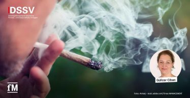 Mann raucht Cannabis, daneben das DSSV-Logo und ein Porträt von Gulizar Cihan.