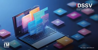 Ein aufgeklappter Laptop mit digitalen Dokumenten, die als schwebende Fenster über dem Bildschirm dargestellt sind. Im Hintergrund bunte App-Symbole auf dunklem Verlauf. Rechts oben das Logo des DSSV – Arbeitgeberverband deutscher Fitness- und Gesundheits-Anlagen.