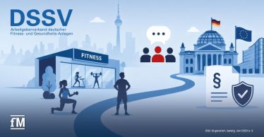 Illustration mit DSSV-Logo, Fitnessstudio, Trainierenden, Reichstagsgebäude, deutscher Flagge und EU-Flagge