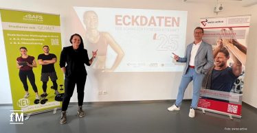 Zwei Personen stehen vor einer Leinwand mit der Aufschrift 'Eckdaten der Schweizer Fitnesswirtschaft 2025'. Links und rechts stehen Rollups der 'SAFS Hochschule' und von 'swiss active'.