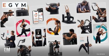Mehrere Personen trainieren an EGYM-Geräten, begleitet von App-Anzeigen, grafischen Elementen und dem EGYM-Logo.