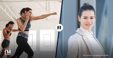 Splitbild: Auf der linken Seite das Bild zweier Frauen, die Boxbewegungen ausführen. Rechts das Porträtfoto einer Frau mit braunem Dutt und hellem Blazer vor einer Glasfassade.