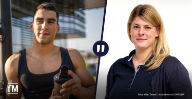 Geteiltes Bild, links: Outdoor-Trainingsfläche vor modernem Gebäude; ein sportlich gekleideter Mann steht neben einer Trainingsstation und hält einen Shaker in der Hand, rechts: Porträtaufnahme vor hellem Hintergrund; eine Frau mit schulterlangen blonden Haaren trägt ein dunkles Poloshirt und blickt in die Kamera.
