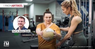 Im Vordergrund hält eine Frau in einem Fitnessstudio einen Medizinball, während eine Trainerin rechts neben ihr die Bewegung begleitet. Links oben steht der Schriftzug „FACHARTIKEL“. Links befindet sich ein Porträt mit der Beschriftung „Prof. Dr. Markus Wanjek“. Im Hintergrund sind Trainingsgeräte und trainierende Personen unscharf erkennbar.