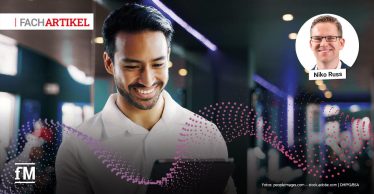 Mann mit Tablet im Fitnessstudio, daneben Porträt von Niko Russ und grafische Datenpunkte
