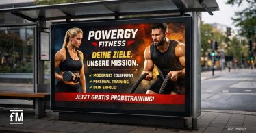 An einer Bushaltestelle hängt ein Plakat mit der Aufschrift „POWERGY FITNESS – Deine Ziele. Unsere Mission.“ Daneben befinden sich eine eine sportliche Frau mit Hantel und ein muskulöser Mann mit Battle Ropes. Sie werben für ein Fitnessstudio und ein kostenloses Probetraining. Unten steht: „Jetzt gratis Probetraining“.