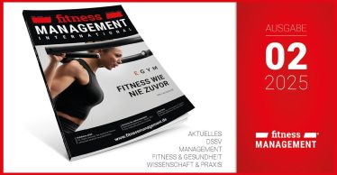 Titelbild der Zeitschrift „fitness MANAGEMENT international“. Eine sportliche Frau trainiert an einem Gerät. Daneben steht: „Ausgabe 02/2025“. Themen: Fitness, Gesundheit, Management und Wissenschaft.