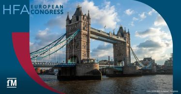 Tower Bridge in London, blauer Himmel im Hintergrund. Links oben im Bild die Aufschrift „HFA European Congress“.