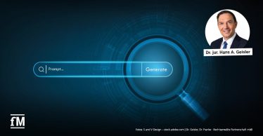 Zentriert eine grafische Benutzeroberfläche mit Suchfeld und Button „Generate“, im Hintergrund digitale Kreisstruktur in Blau, rechts oben Porträtfoto einer Person mit Beschriftung „Dr. jur. Hans A. Geisler“, unten links Logo „fM“, unten rechts Bildquelle mit Textangaben.