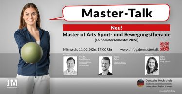 Frau mit Sportball steht frontal vor neutralem Hintergrund, rechts Textgrafik zum Master-Talk der DHfPG mit Angaben zu Termin, Studiengang und Referierenden
