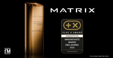 Goldene Plus X Award-Trophäe mit der Auszeichnung 'Most Innovative Brand 2025' neben dem Matrix-Logo und dem offiziellen Siegel 'Innovativste Marke des Jahres 2025'.