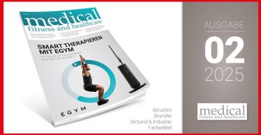 Titelgrafik Ausgabe 02/2025 des Magazins medical fitness and healthcare. Auf dem Cover steht „Smart therapieren mit EGYM – Die Zukunft der Trainingstherapie“. Zu sehen ist eine Person beim Training vor einem modernen EGYM-Gerät. Rechts steht „Ausgabe 02/2025“.