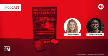 Grafik zum Podcast 'Fitness im Ohr' mit einem Cover der Zeitschrift 'fitness MANAGEMENT international', AirPods und Smartphone; runde Porträtfotos von Cathrin Fischer und Viola Oberländer eingeblendet.