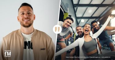 Porträt von Eckhardt Santana links; eine Gruppe von vier lachenden Menschen im Fitnessstudio rechts.
