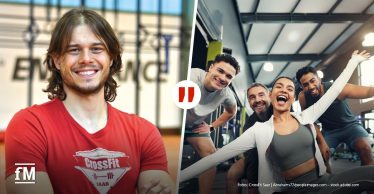 Porträt von Gerrit Sittler von CrossFit Saar links; eine Gruppe beim gemeinsamen Training im Fitnessstudio rechts.