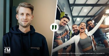 Ein Porträt von Henning Förster vom Aktivpark Kall links; eine Gruppe von Trainierenden im Fitnessstudio rechts.