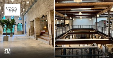 Zwei Ansichten des neuen Büros der RSG Group mit Eingangsbereich und Galerieebene im Bötzow Areal