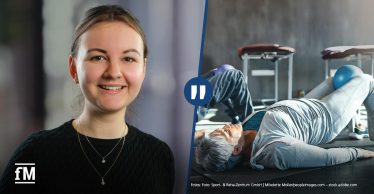 Links ein Porträt von Annie Unkrig vor unscharfem Hintergrund. Rechts eine Trainingsszene mit zwei älteren Personen auf Matten und einer Trainerin im Hintergrund. In der Mitte trennt eine blaue grafische Linie beide Bildhälften mit einem weißen Anführungszeichen-Symbol.