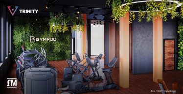 Modernes GYMPOD-Fitnessstudio mit stylischem Interior: Cardio-Geräte vor einer begrünten Wand, hängende Pflanzen von der Decke, warme Holzböden und stilvolle Lichtakzente.