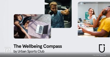 Eine Collage zeigt eine Frau beim Yoga, einen Mann beim Boxtraining und zwei lachende Menschen im Büro. Darunter steht: 'The Wellbeing Compass' by Urban Sports Club“.