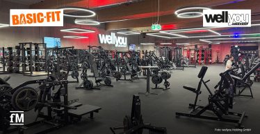 Großer Fitnessstudiobereich mit zahlreichen Krafttrainingsgeräten und Freihantelstationen. Im Hintergrund ist ein beleuchtetes „wellyou Fitness“-Logo an der Wand zu sehen. An der Decke hängen ringförmige und rechteckige Leuchten. Oben links befindet sich das Basic-Fit-Logo, oben rechts das wellyou-Logo.